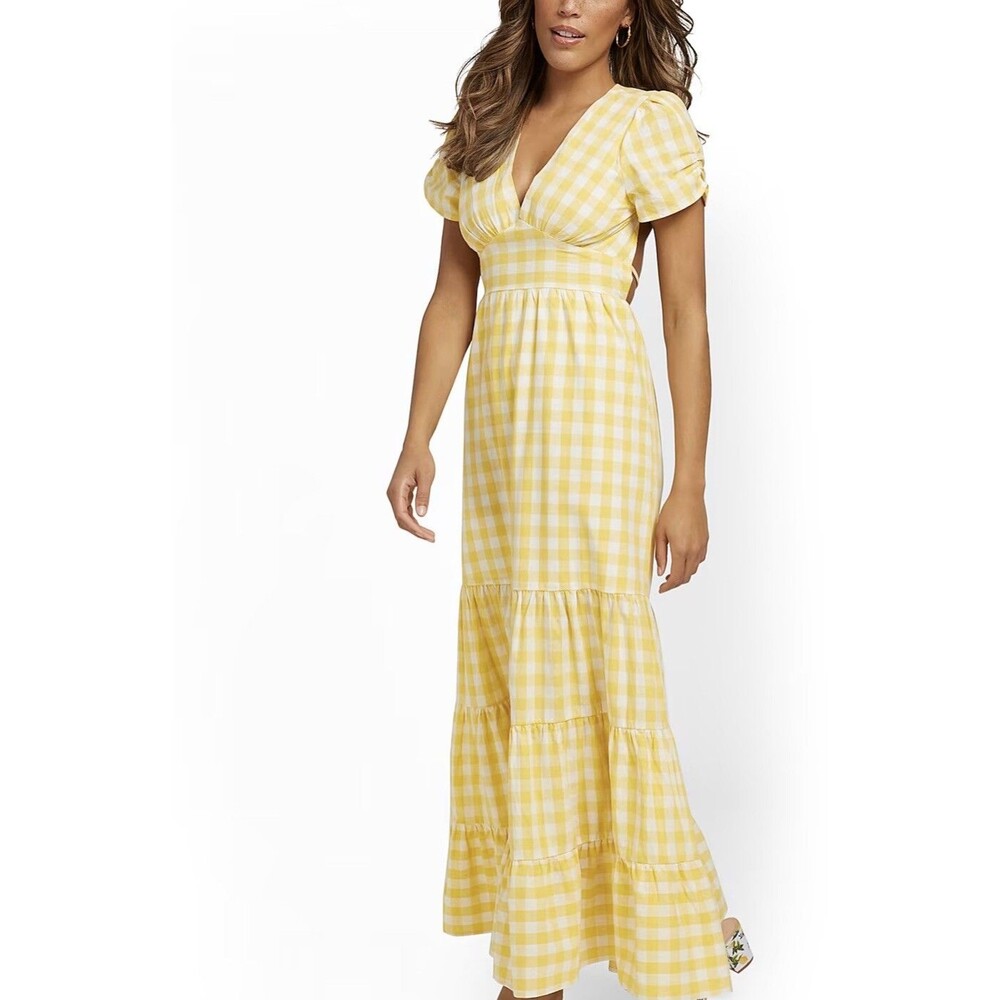 New York & Co Maxi Dress Lena Yellow Open Back Gingham Vacay Boho Large NWT